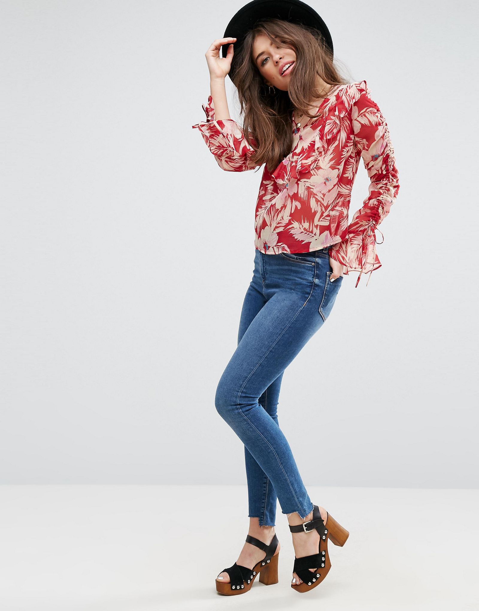 ASOS Floaty Blouse In Red Floral with Ruffles