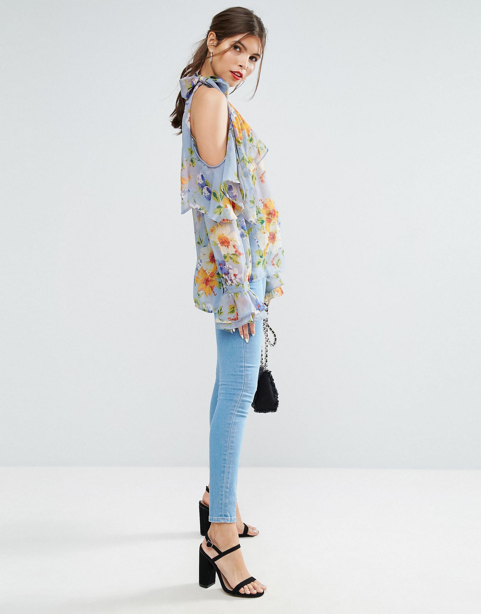 ASOS Floral Blouse with One Shoulder and Tie Neck