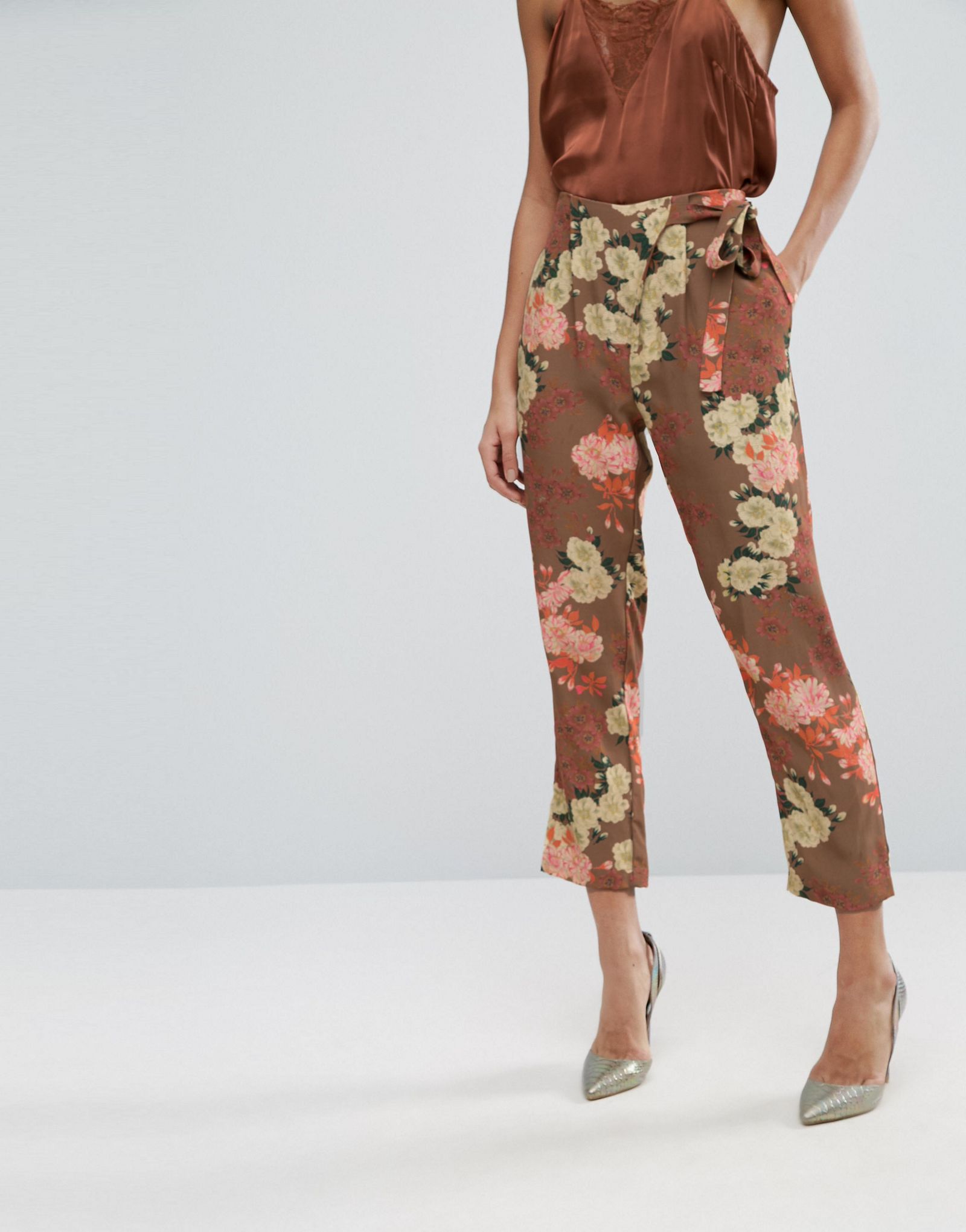ASOS Floral Print Asymmetric Tie Peg Pants
