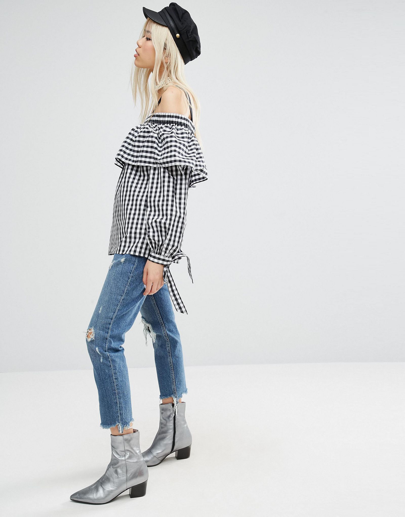 ASOS Gingham Cotton Cold Shoulder Top With Tie Detail