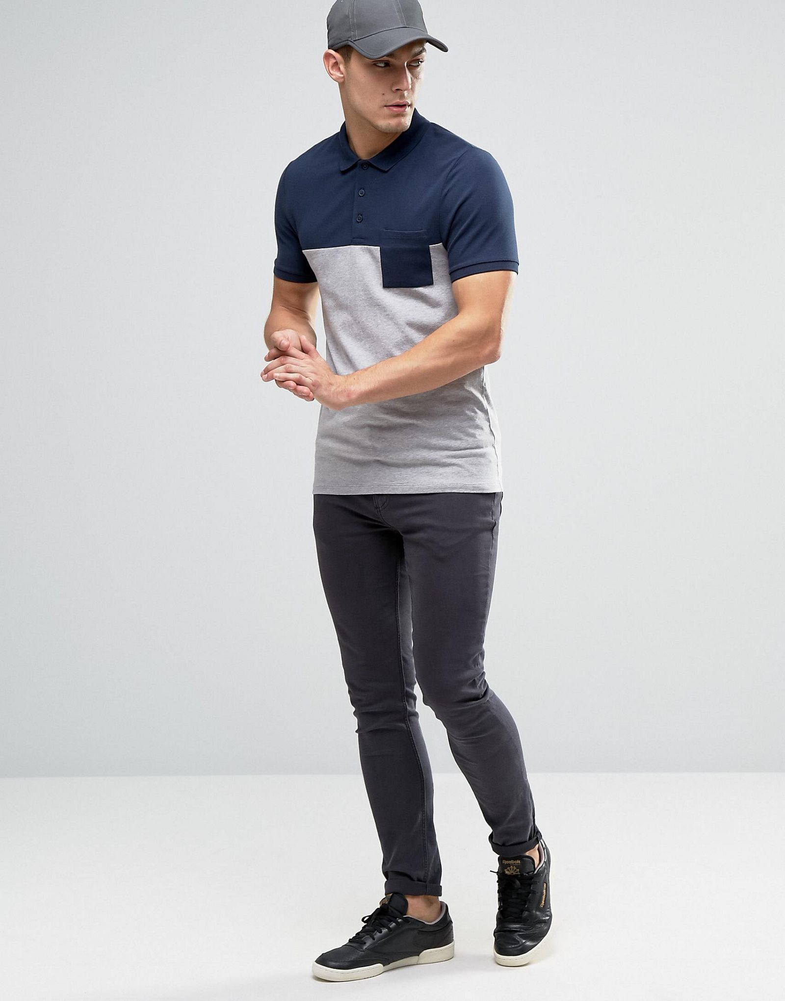 ASOS Half & Half Muscle Polo With Pocket In Navy and Grey Marl
