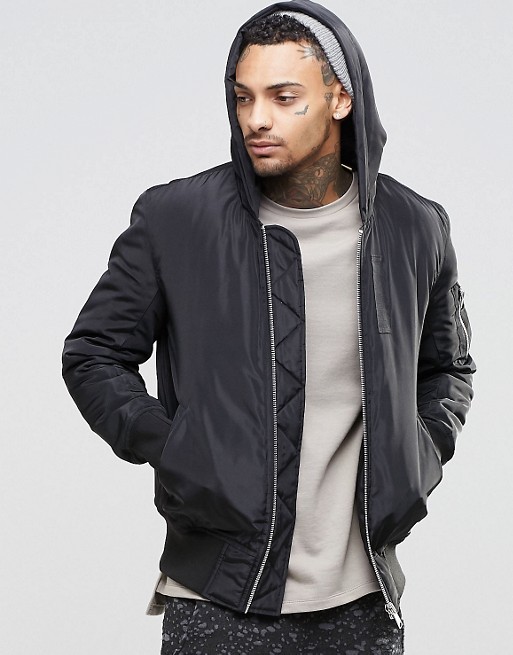 ASOS | ASOS Hooded Bomber Jacket With MA1 Pocket In Black
