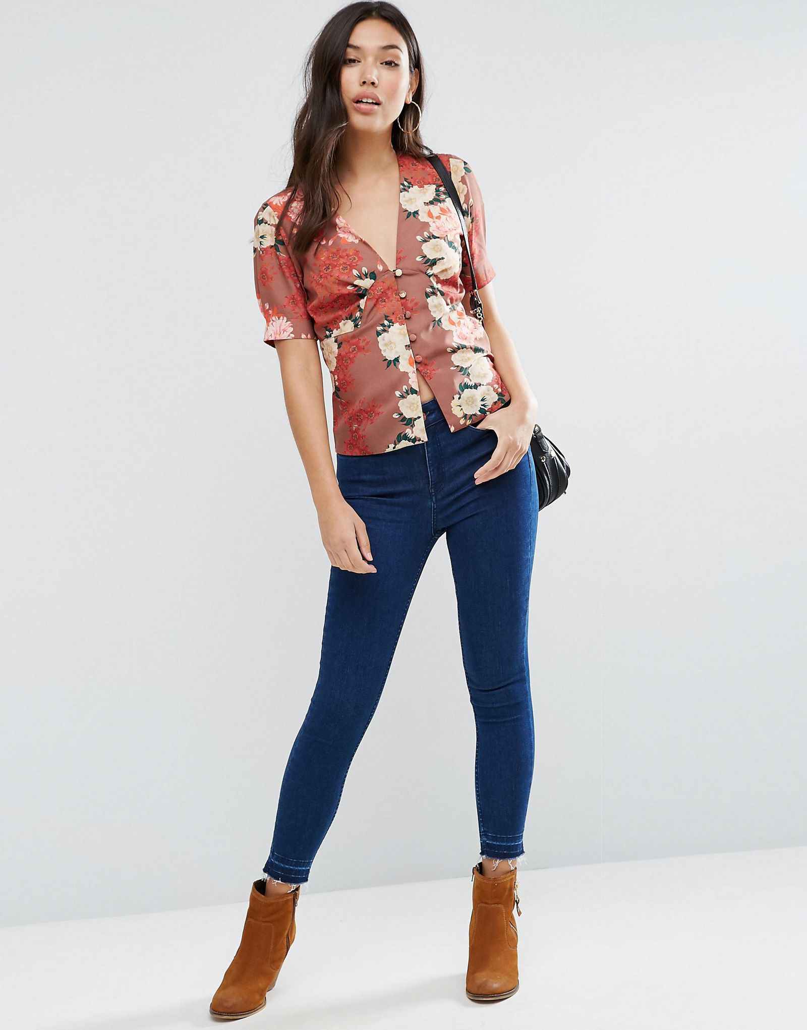 ASOS Japanese Floral Tea Blouse With Seam Detail