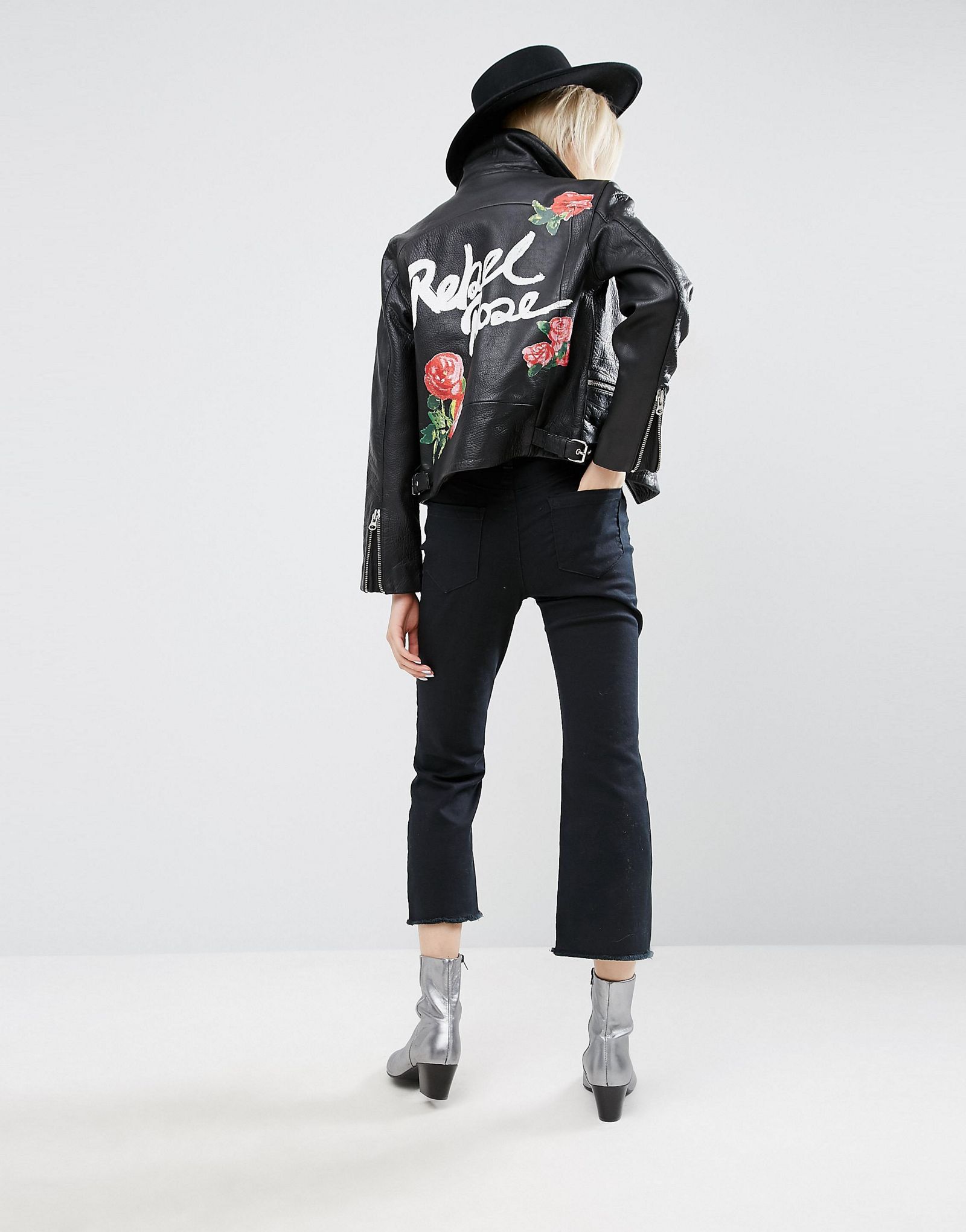 ASOS Leather Biker Jacket in Black with Rebel Rose Back Print