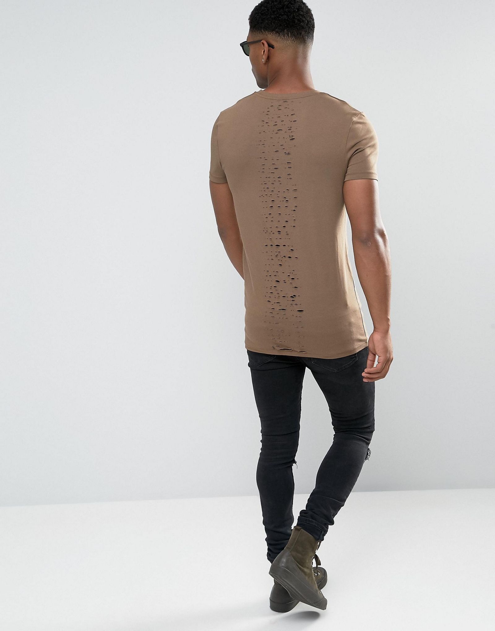 ASOS Longline Muscle T-Shirt With Distressed Centre Back Detail In Brown
