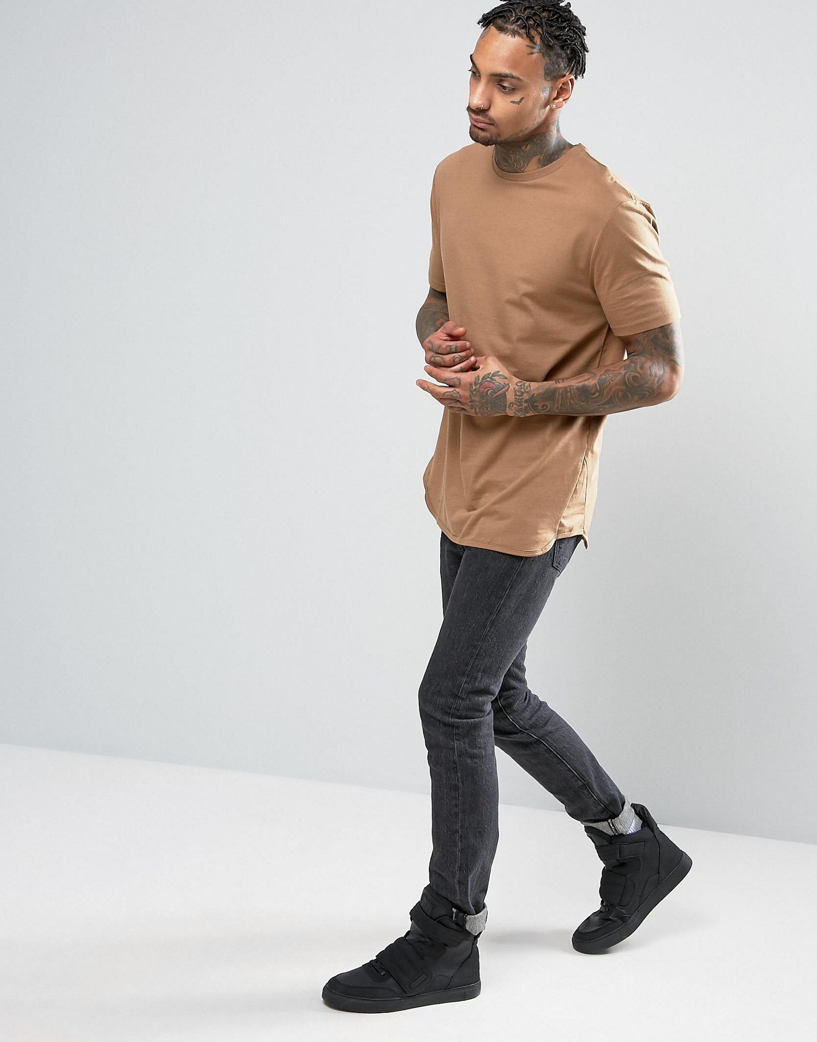 ASOS Longline T-Shirt In Brown With Bound Hem