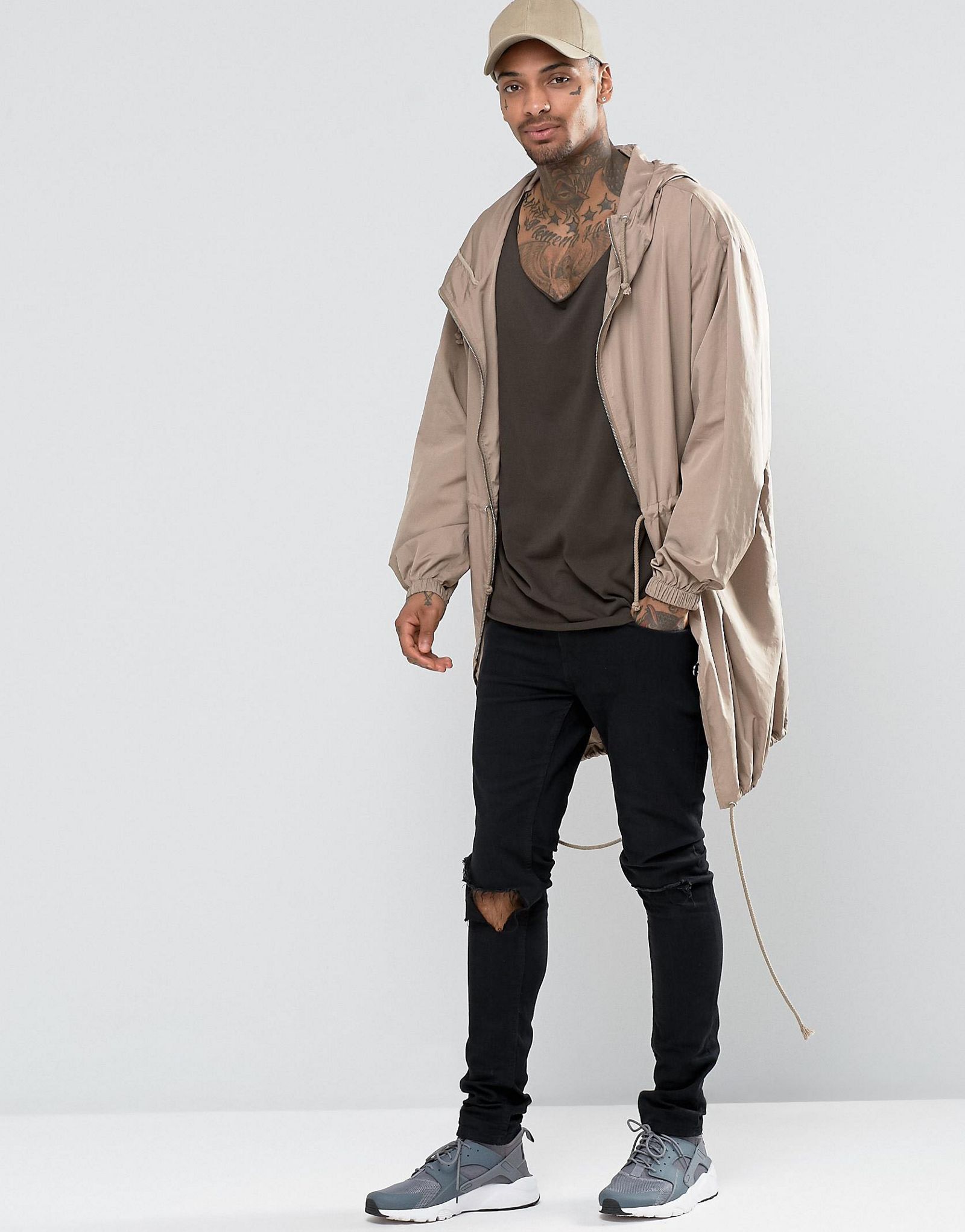 ASOS Longline T-Shirt With Raw Scoop Neck And Curved Hem In Khaki