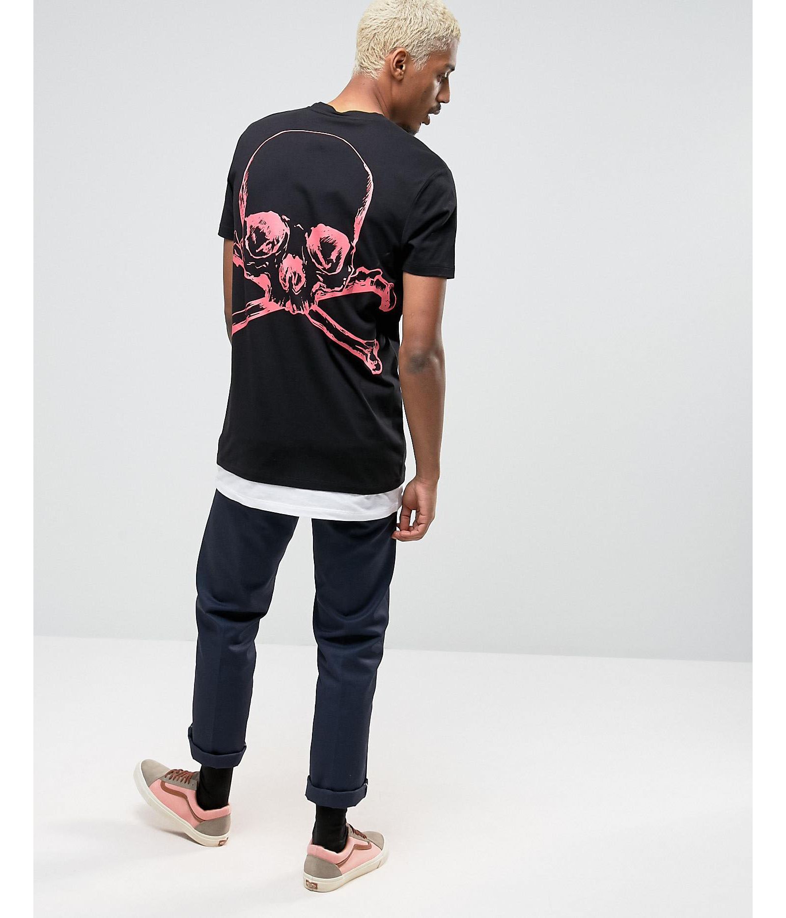 ASOS Longline T-Shirt With Skull And Bones Back Print And Hem Extender