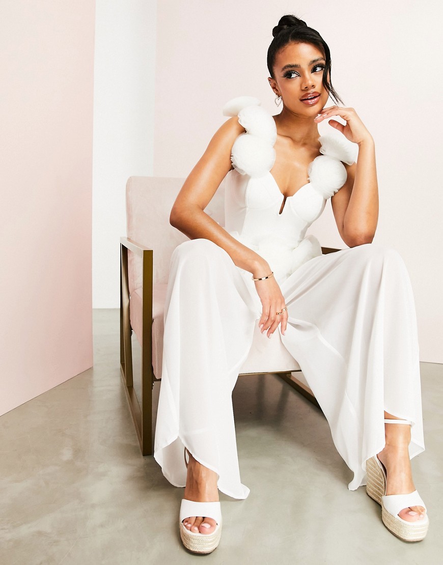 ASOS LUXE beach sheer wide leg trousers with tulle corsage waist in white