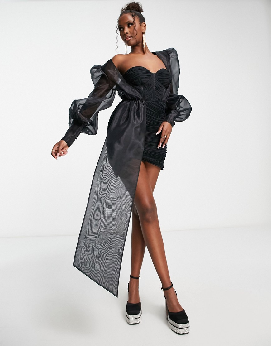 ASOS LUXE corsetted chiffon draped sash mini dress with organza sleeve in black-Multi