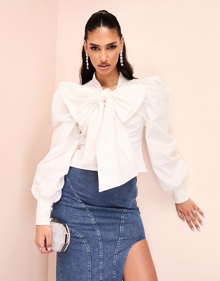 ASOS LUXE cotton poplin blouse with pussybow in white