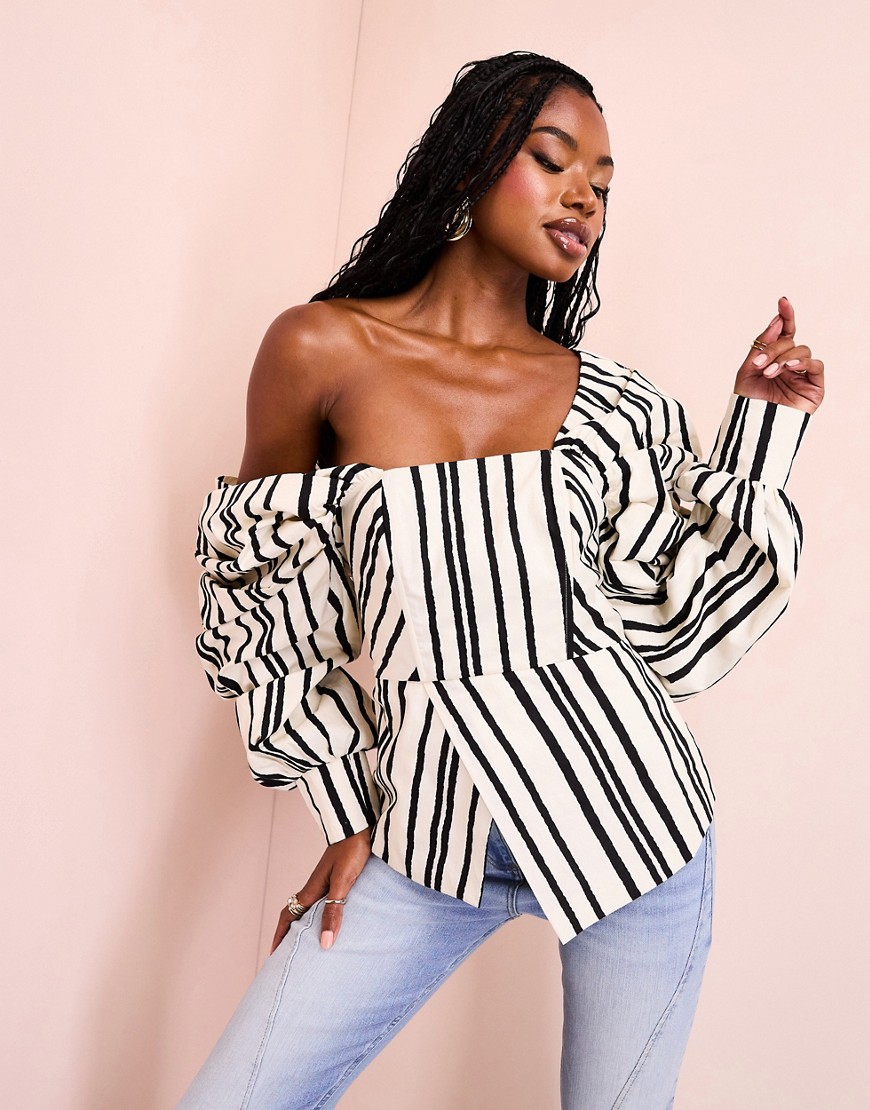 ASOS LUXE cotton poplin exaggerated sleeve top in black and cream stripe-Neutral