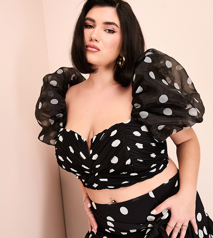 ASOS LUXE Curve co-ord organza puff sleeve polka dot top with bow back in monochrome-Multi