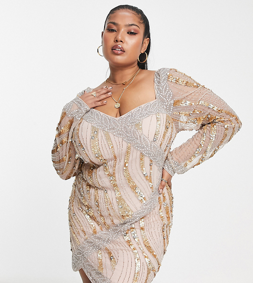 ASOS LUXE Curve embellished wrap mini dress in gold
