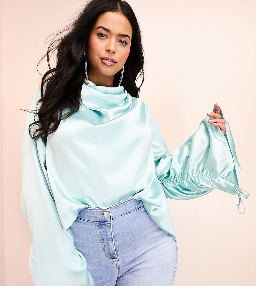 ASOS LUXE Curve exaggerated satin drape top in blue-Multi