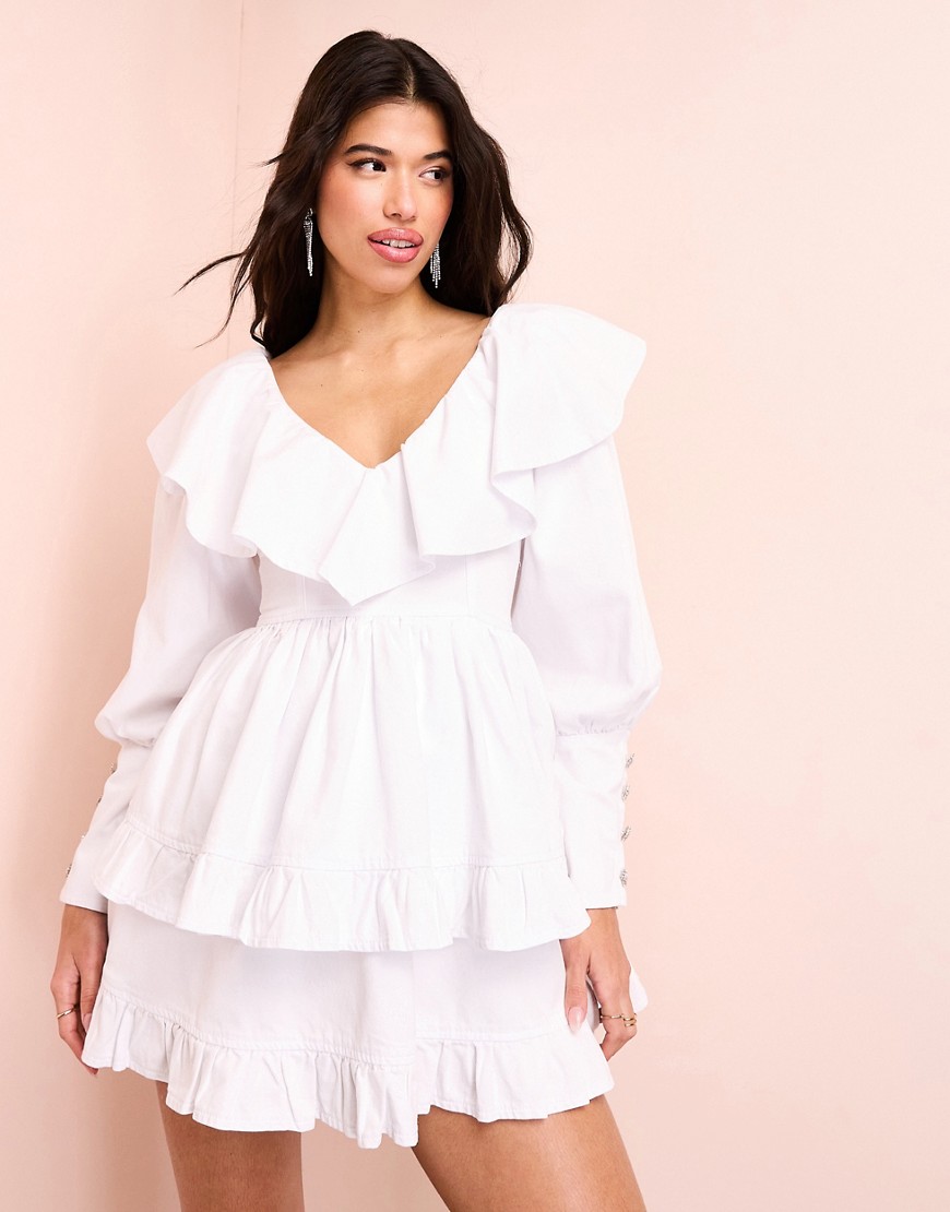 ASOS LUXE denim ruffle plunge tiered mini dress with diamante buttons in white