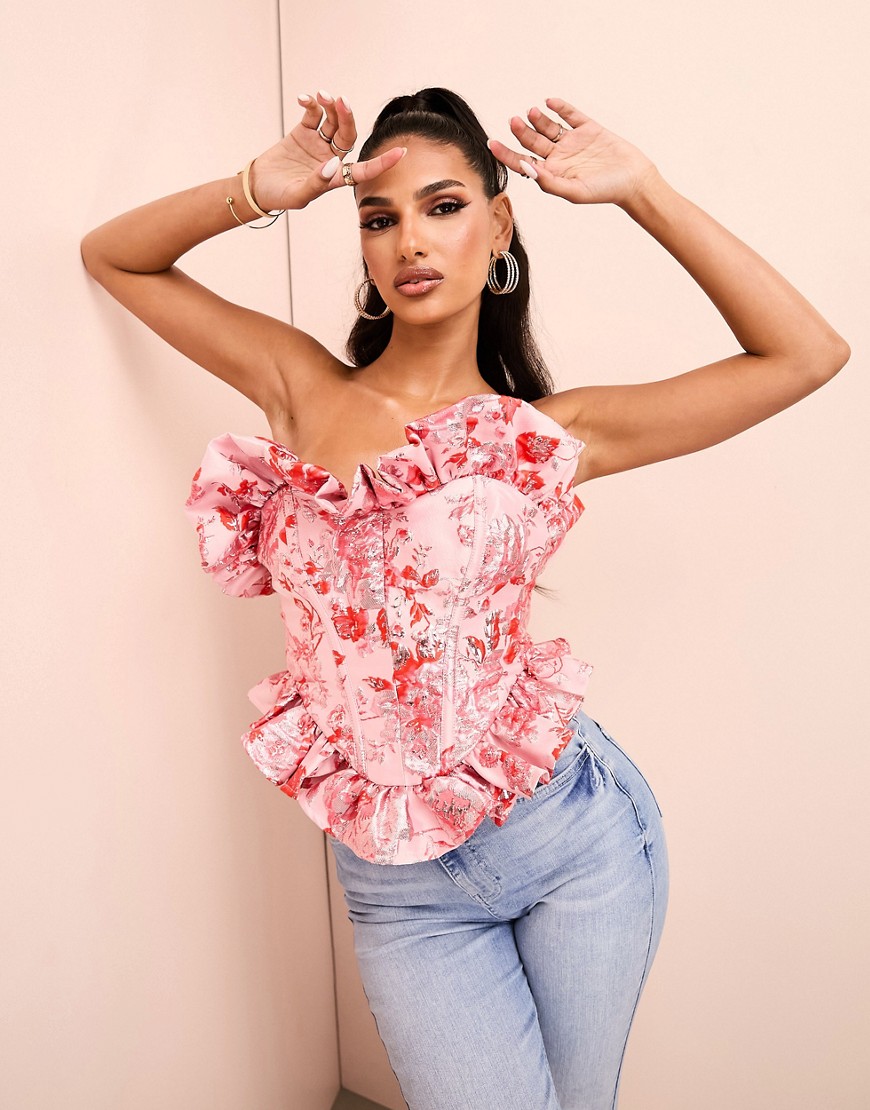 ASOS LUXE jacqaurd corset ruffle bandeau top in pink and red floral print