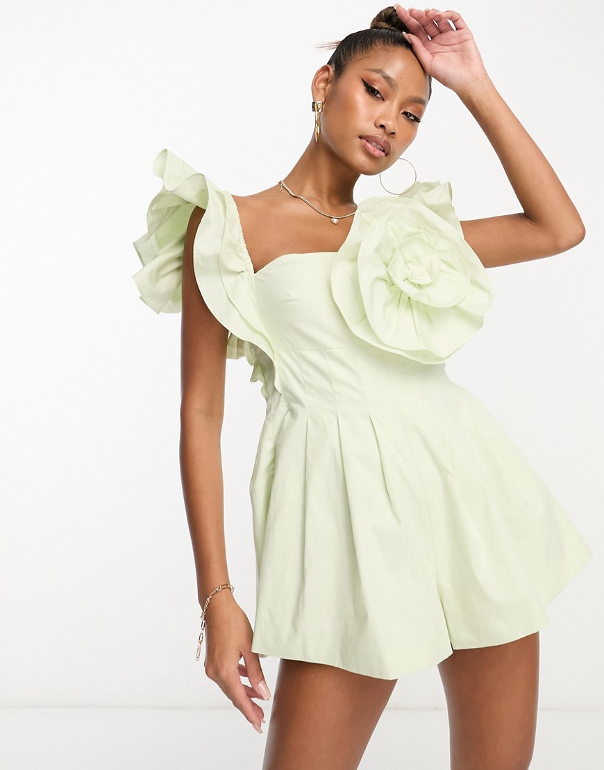 ASOS LUXE poplin playsuit with corsage and ruffle sleeves in soft green