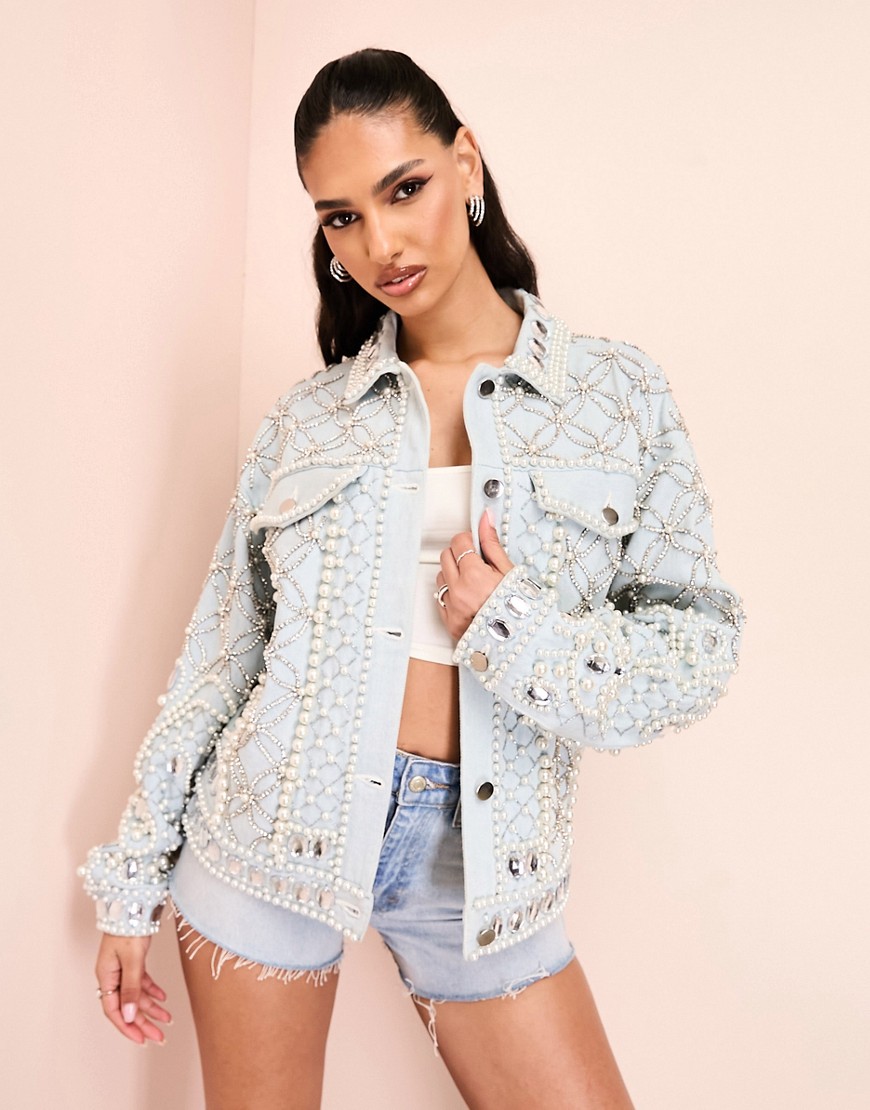 ASOS LUXE premium embellished denim jacket with encrusted diamante and pearl detail in mid wash blue