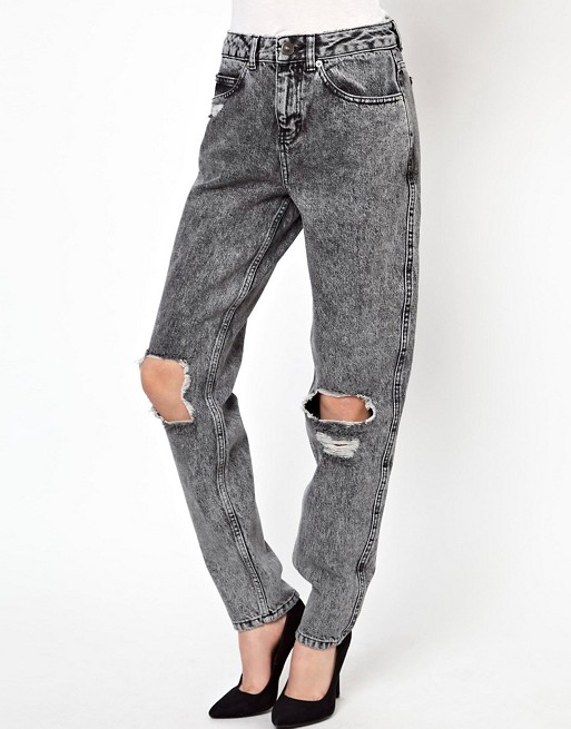 ASOS DESIGN | ASOS Mom Jeans in Acid Wash Grey with Busted Knees