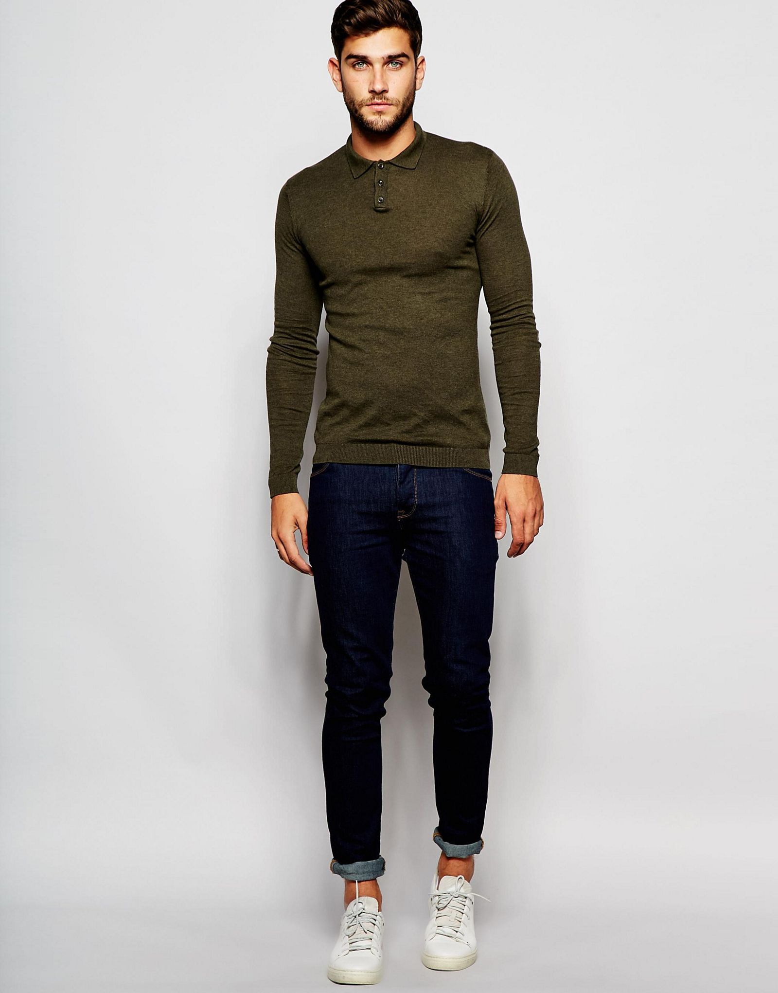 ASOS Muscle Fit Knitted Polo in Dark Khaki