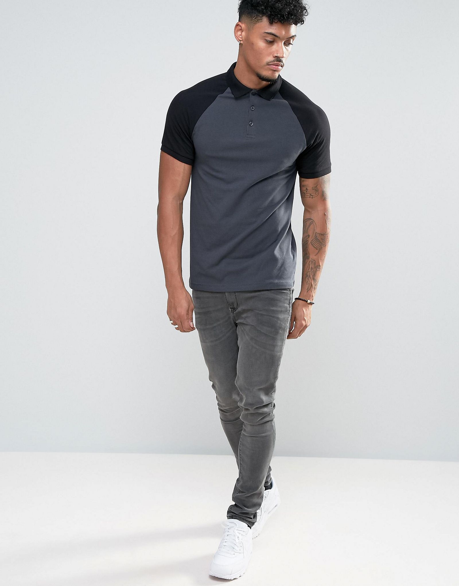 ASOS Muscle Polo With Contrast Raglan Sleeves In Grey/Black