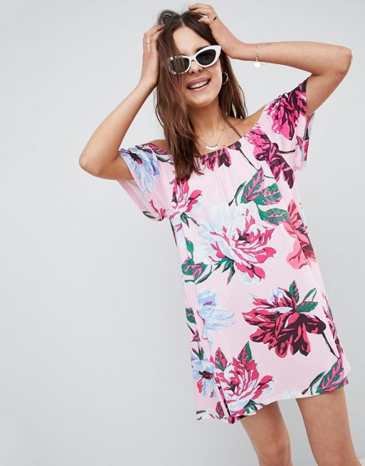 Asos Asos Off Shoulder Sundress In Pink Floral Print 