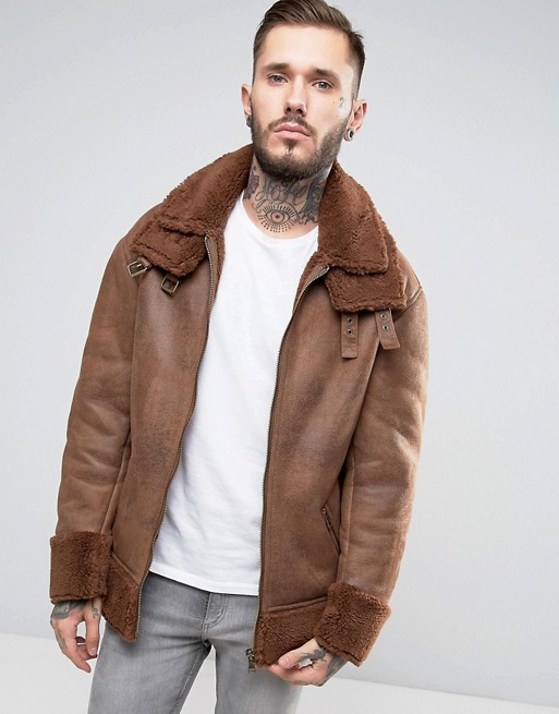 ASOS | ASOS Oversized Faux Shearling Jacket in Brown