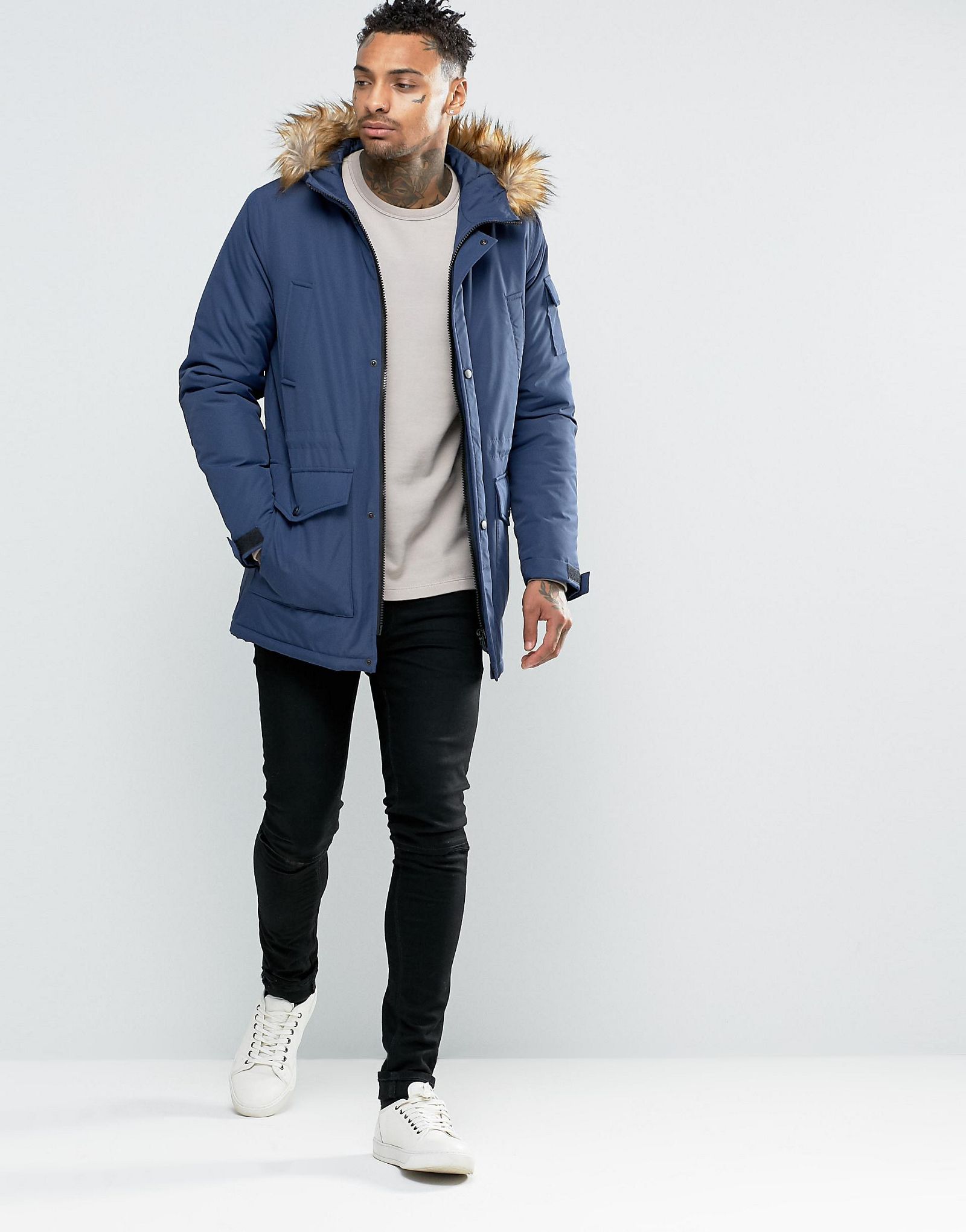 ASOS Parka Jacket In Navy With Faux Fur Trim