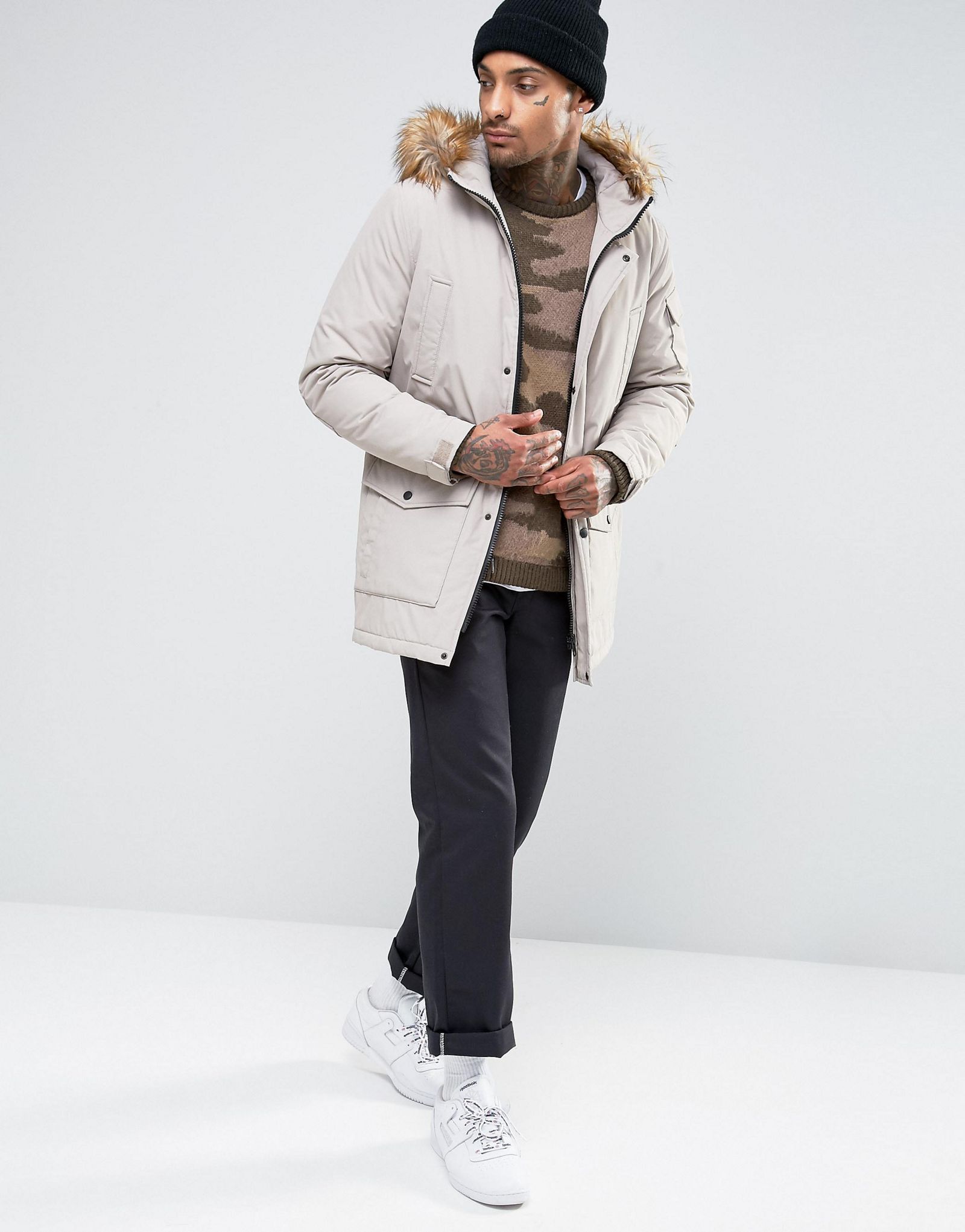 ASOS Parka Jacket With Faux Fur Trim In Stone