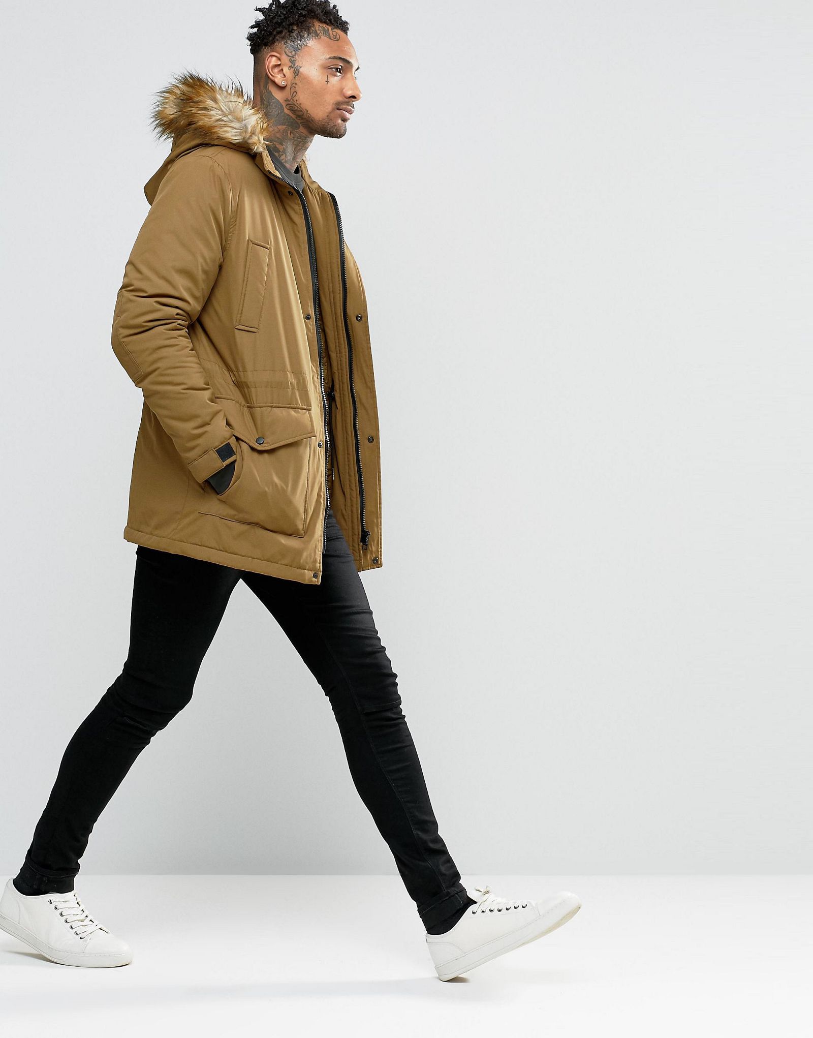 ASOS Parka Jacket With Faux Fur Trim In Tobacco