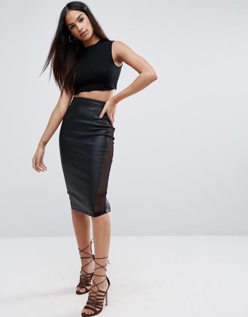 ASOS ASOS Pencil Skirt in Faux Leather with Mesh Panel Detail