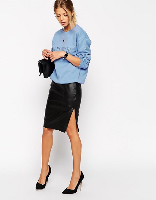 ASOS | ASOS Pencil Skirt In Leather With Side Split