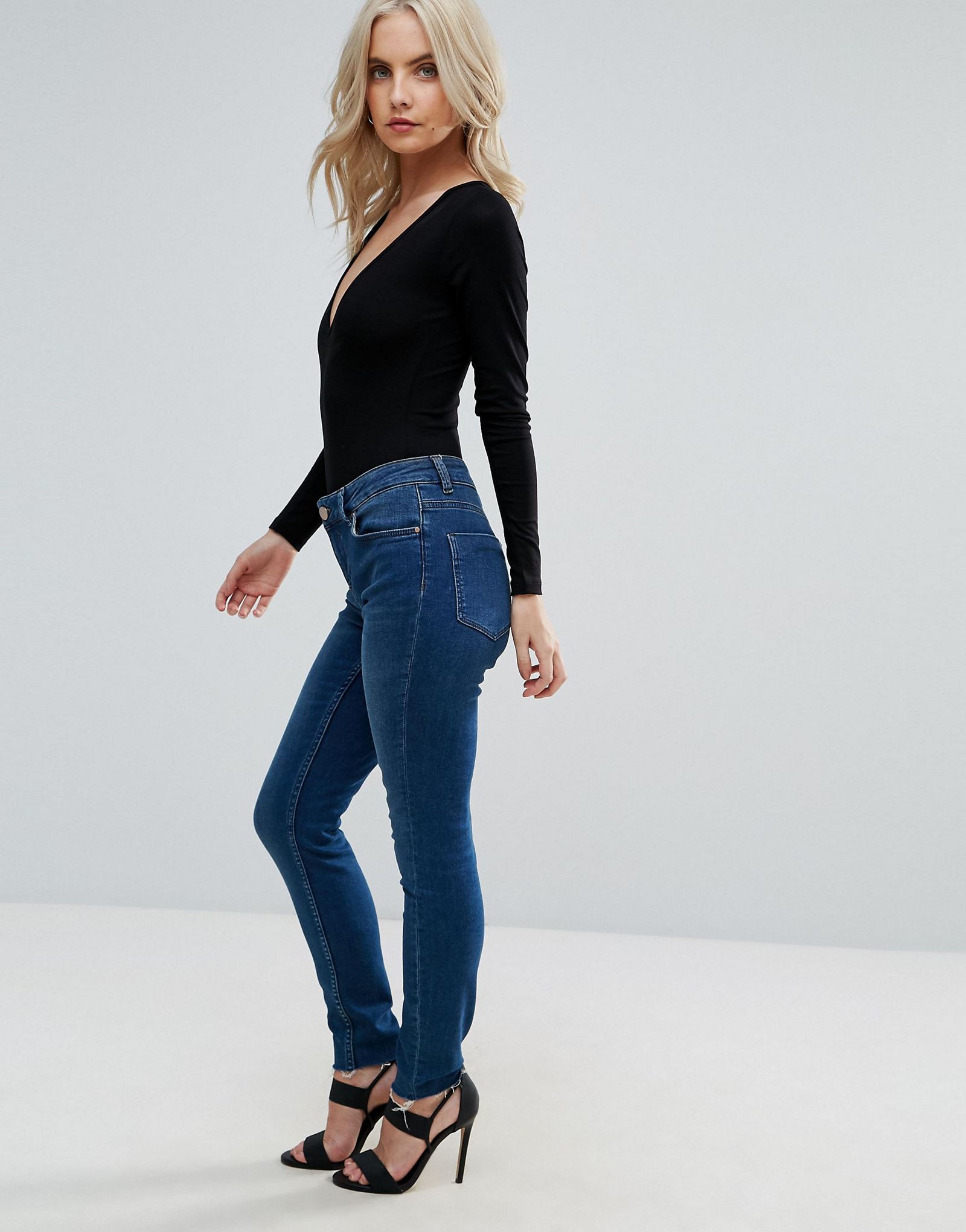 ASOS PETITE Body With V Neck Long Sleeve And Thong