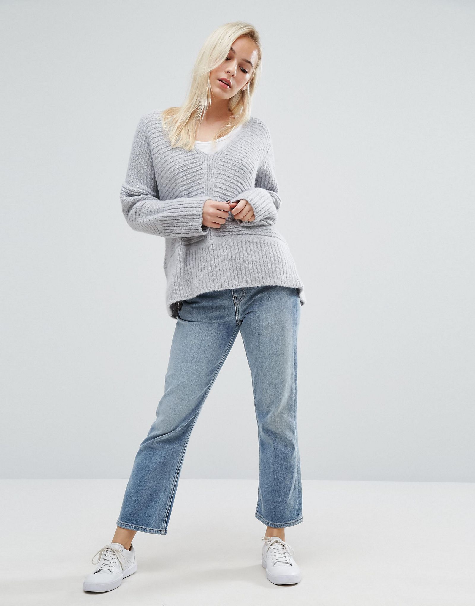 ASOS PETITE Chunky Jumper In Fluffy Yarn With V Neck