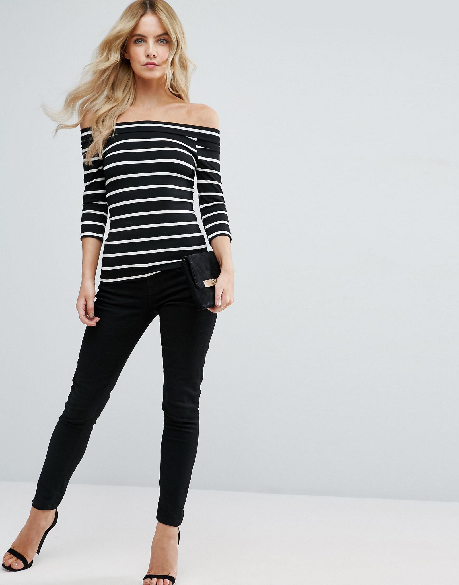 ASOS PETITE Stripe Top With Bardot Neck And 3/4 Sleeves