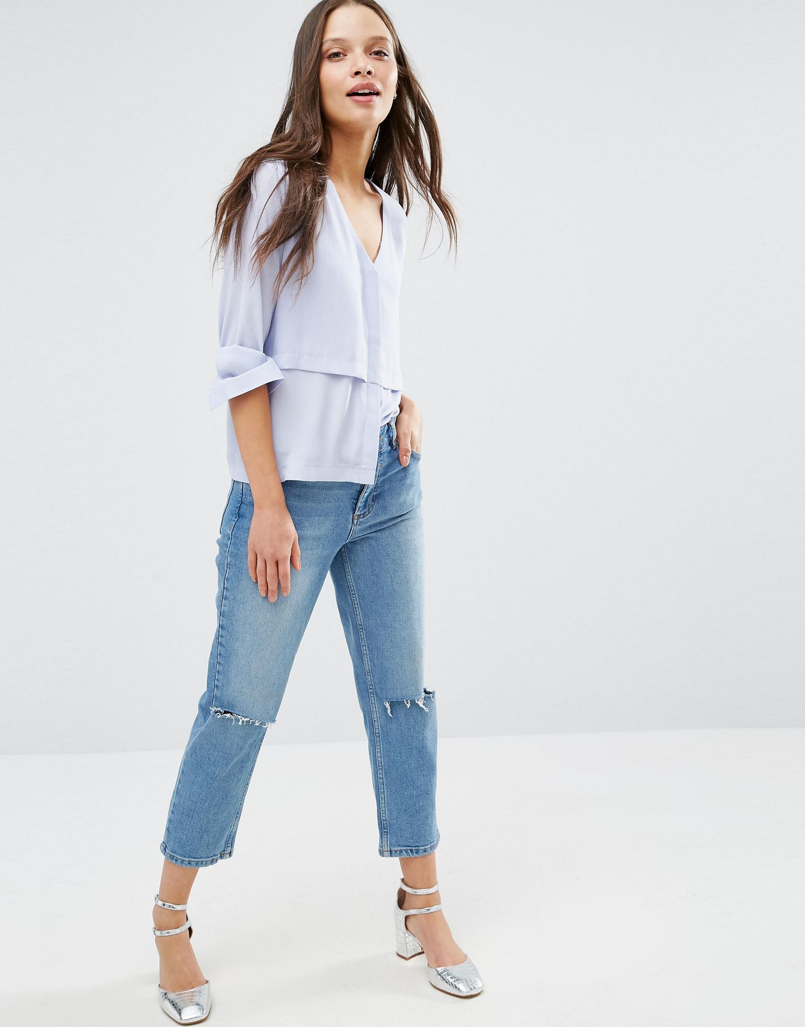 ASOS PETITE V Neck Collarless Blouse with Double Layer