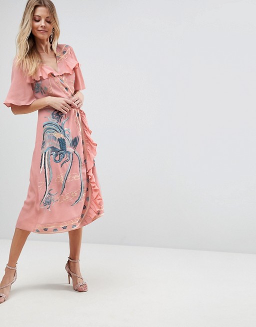 Image result for ASOS PREMIUM Embroidered Ruffle Wrap Midi dress