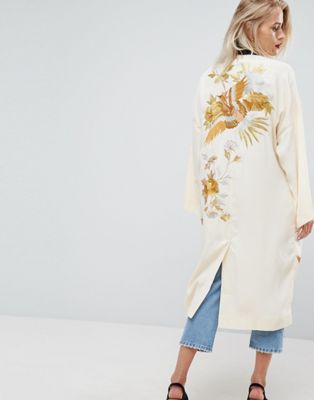 ASOS Premium Kimono Duster Jacket with Bird Embroidery and Contrast Collar