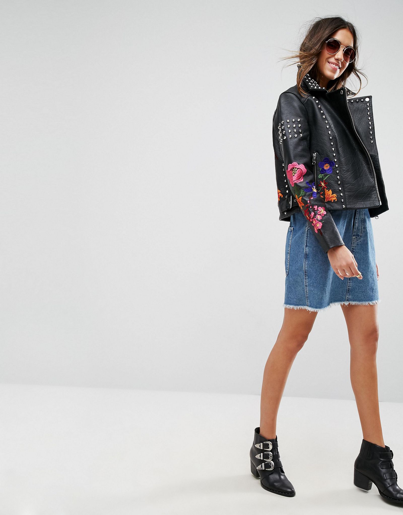 ASOS Premium Leather Biker Jacket with Floral Embroidery and Stud Detail