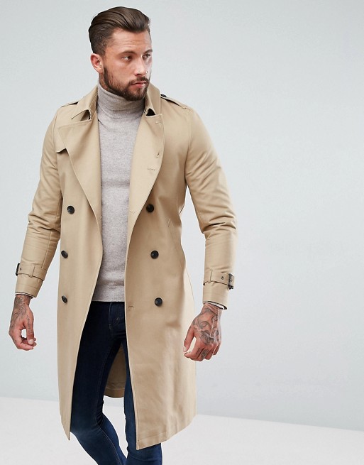 ASOS Shower Resistant Longline Trench Coat With Belt In Stone
 