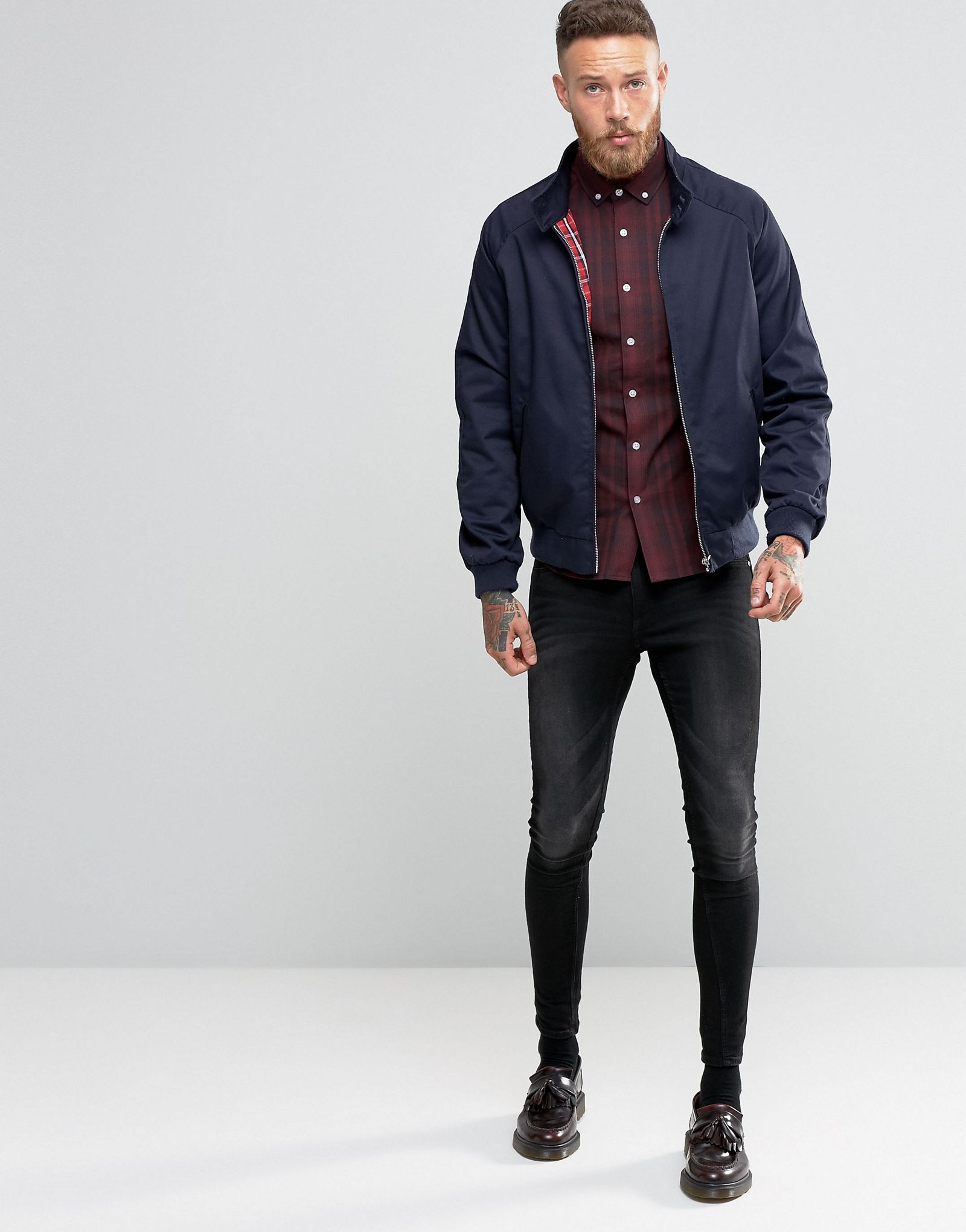ASOS Skinny Check Shirt In Burgundy With Long Sleeves