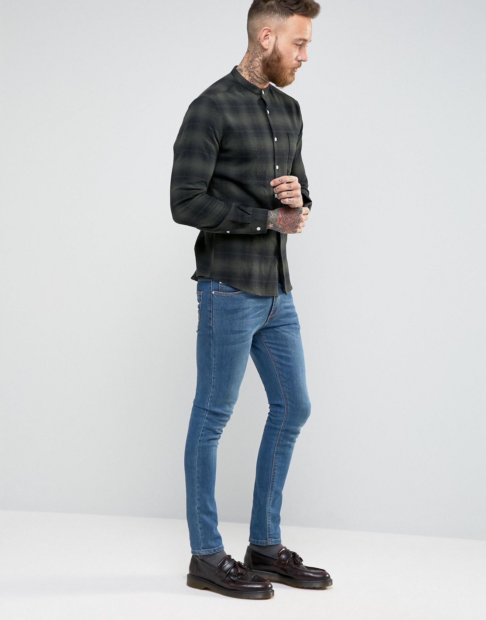 ASOS Skinny Checked Shirt With Grandad Collar In Green