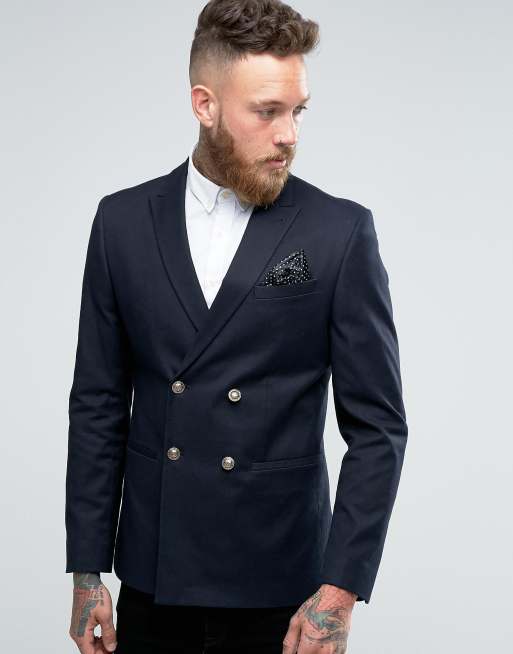 ASOS ASOS Skinny Double Breasted Blazer In Navy with Gold Buttons