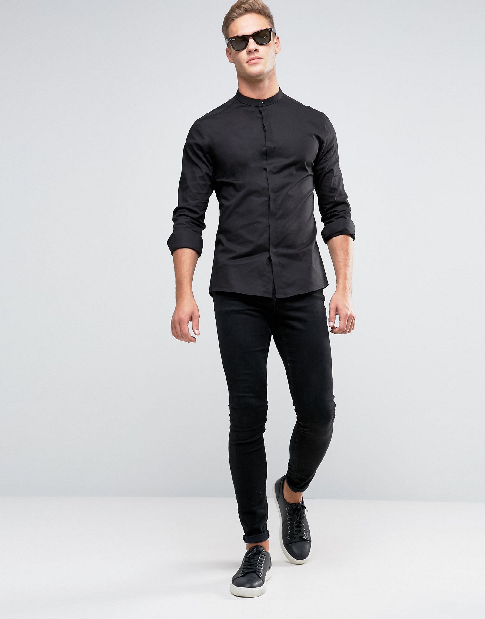 ASOS Skinny Shirt In Black With Grandad Collar And Gunmetal Popper