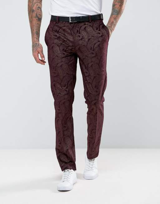 Asos Asos Skinny Tuxedo Suit Pants In Burgundy Velvet Paisley