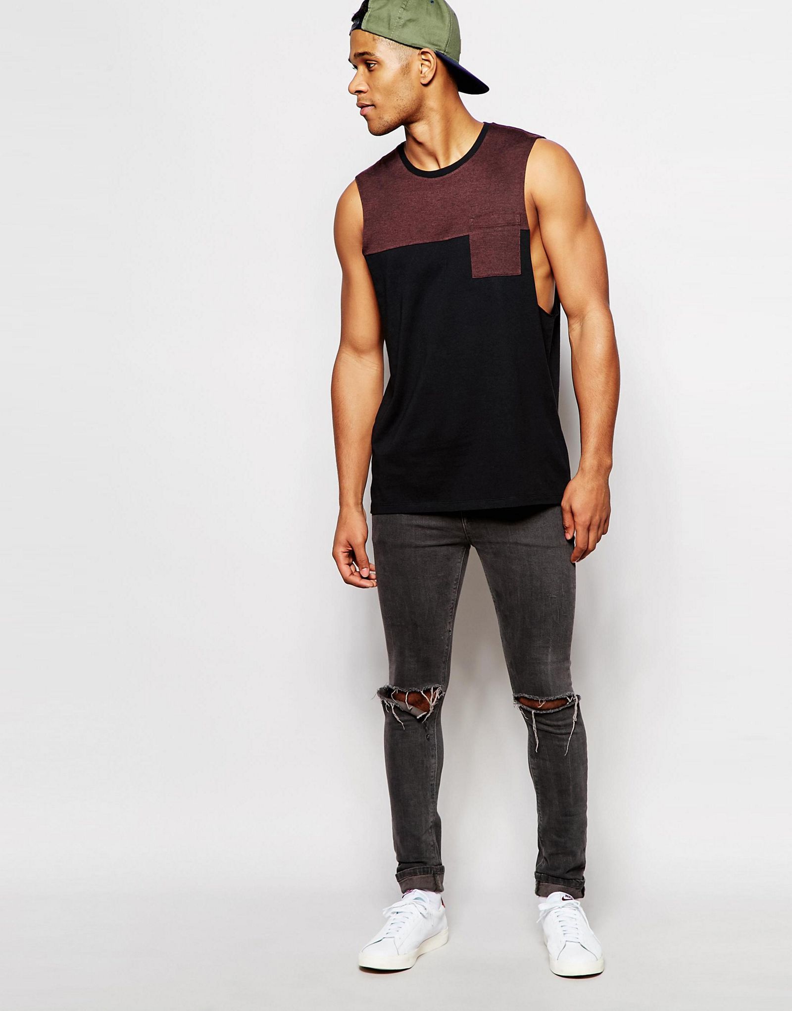 ASOS Sleeveless T-Shirt With Contras Yoke In Black/Oxblood