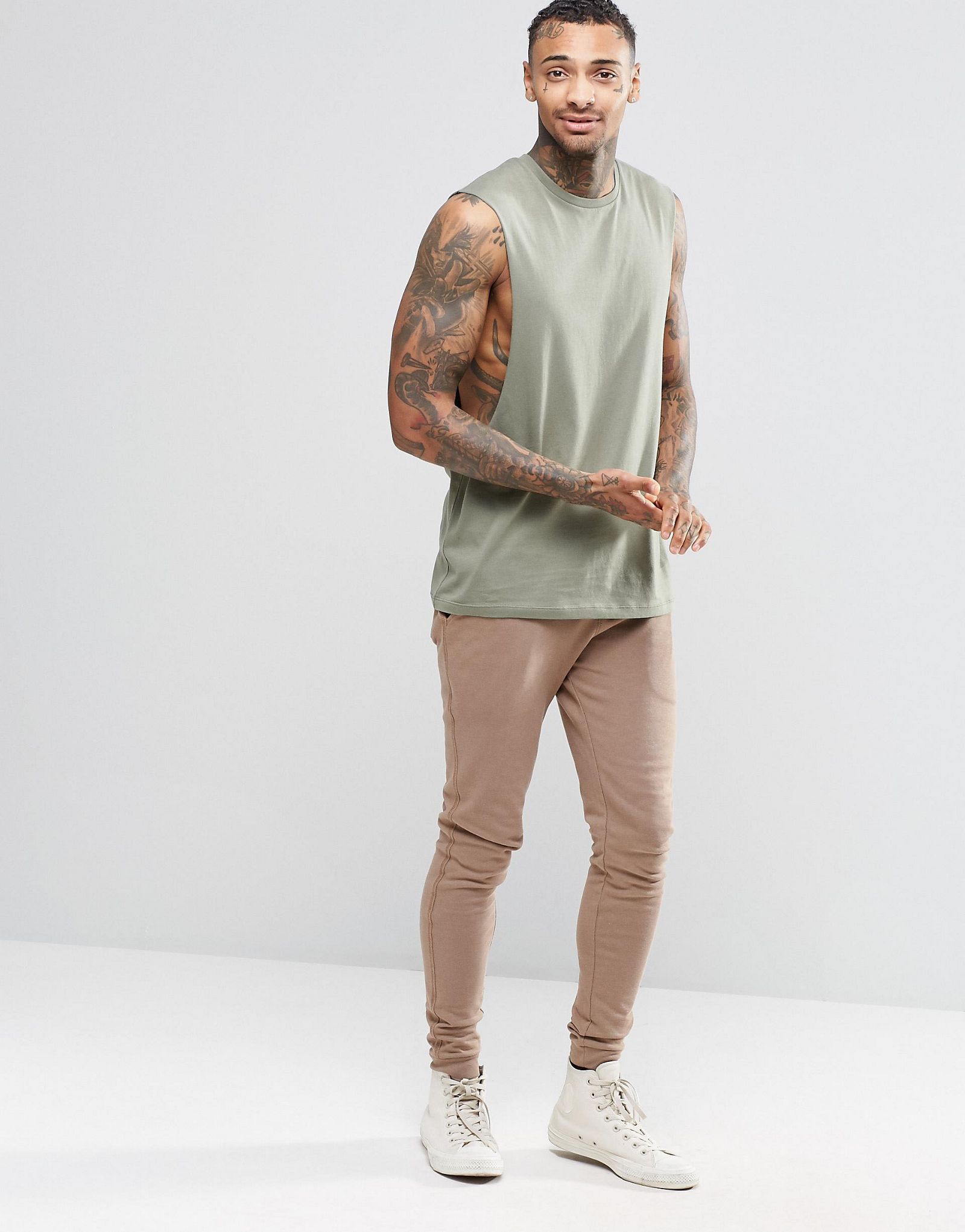 ASOS Sleeveless T-Shirt With Extreme Dropped Armhole In Green