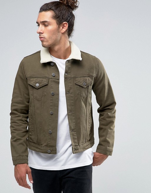 ASOS | ASOS Slim Denim Jacket in Khaki with Borg Collar