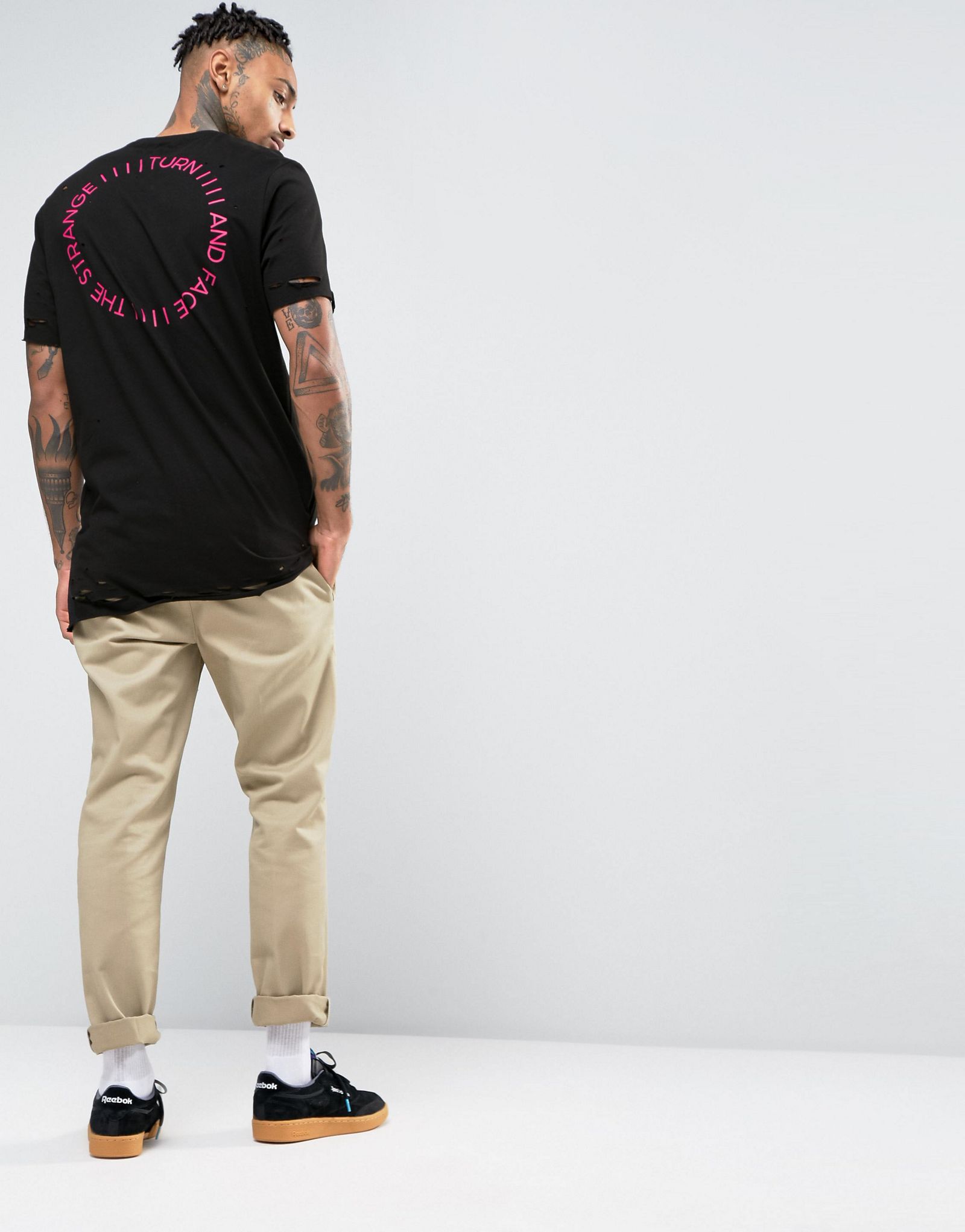 ASOS Super Longline T-Shirt With Circle Back Print And Distressing
